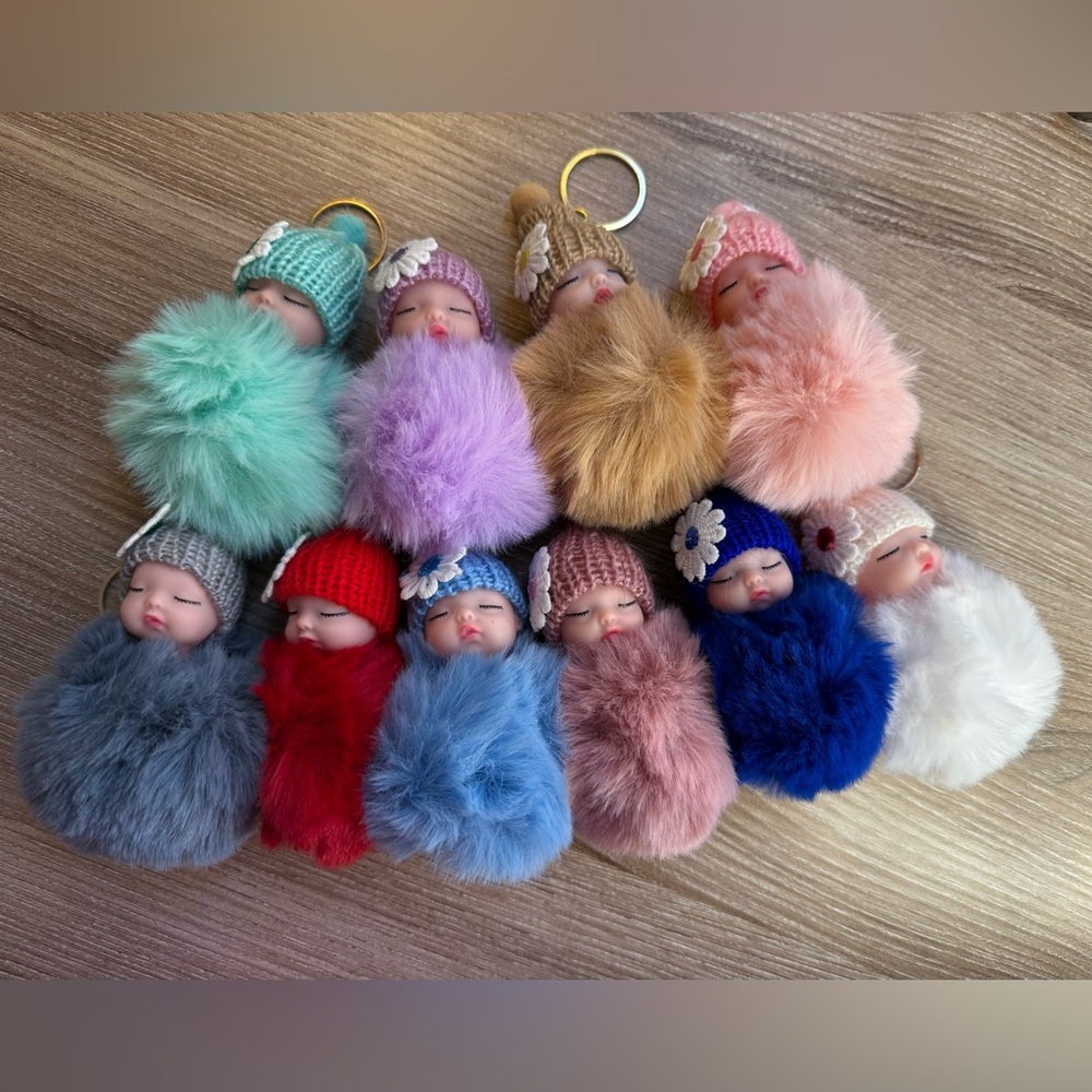 Choose 1-Plush Baby Doll Pom Bag Charms - Assorted Colors - Picture 1 of 2